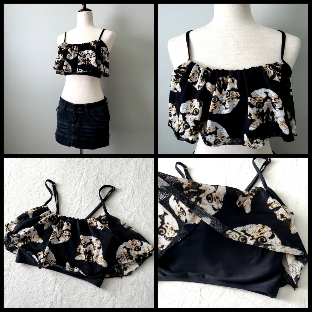Esowell Cat Print Swim Top, Black & Brown, Size Medium - Picture 7 of 16